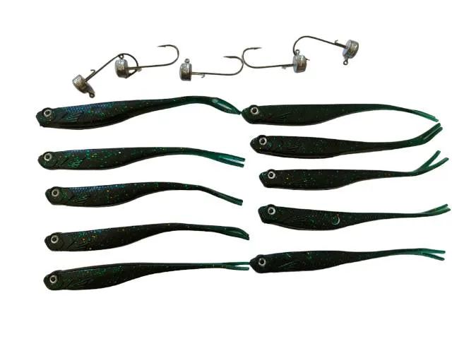 10pcs MasterPro 13cm, 8.5g Dark Green With metallic points Fork Tail minnow  lure  5pcs jigheads