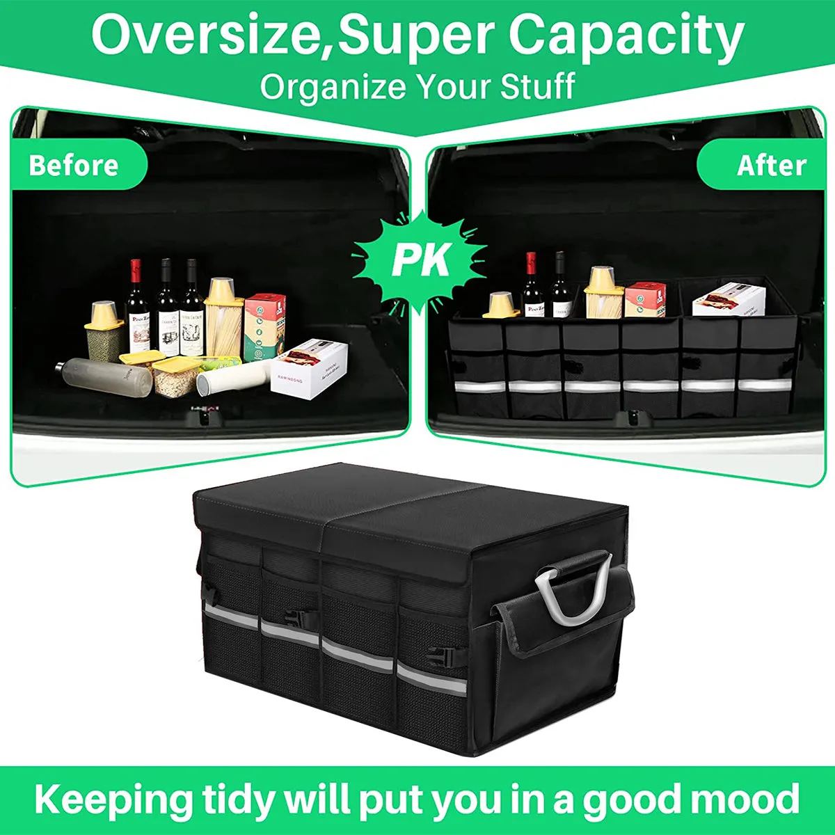 Big Trunk Organizer, Cargo Organizer SUV Trunk Storage Waterproof Collapsible Durable Multi Compartments FJ12994