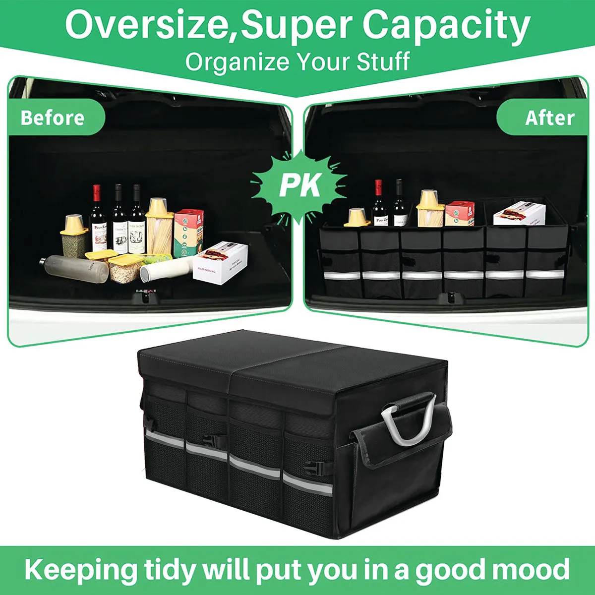 Big Trunk Organizer, Custom-Fit For Car, Cargo Organizer SUV Trunk Storage Waterproof Collapsible Durable Multi Compartments WaRL253