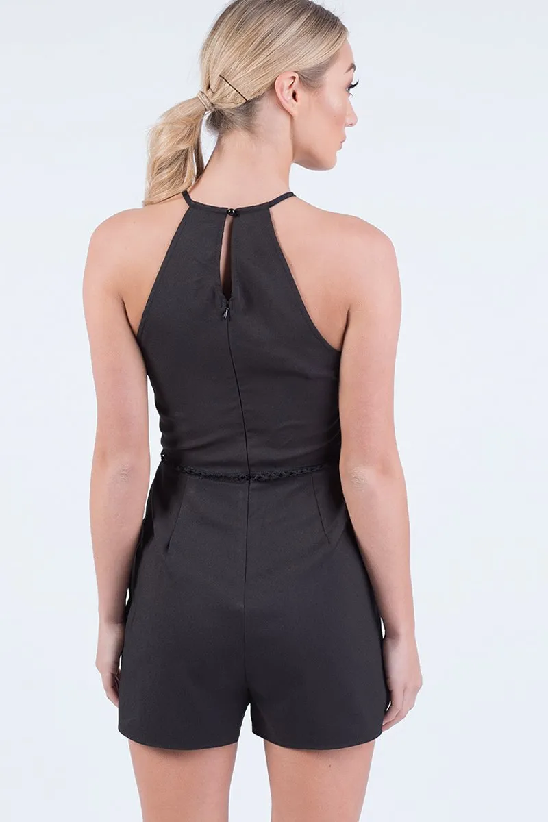 Black Embroidered High Neck Playsuit - Maya