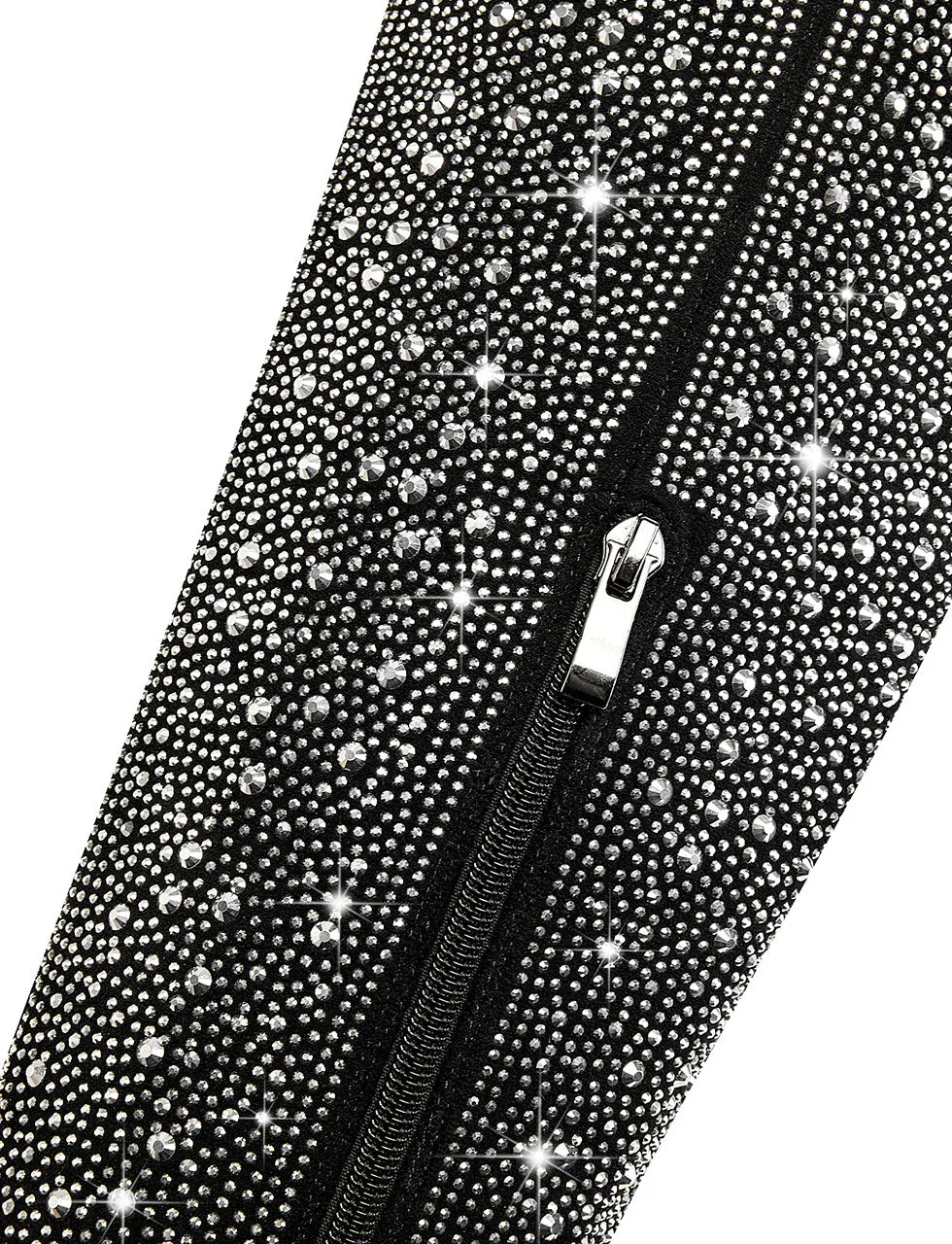 Black High Heel Pointed Toes Luxury Bling Rhinestone Boots Shoes