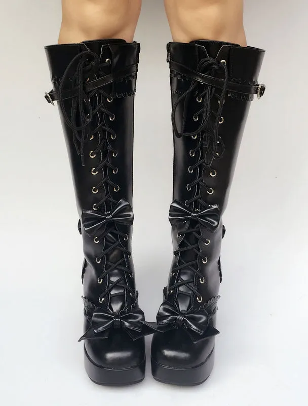 Black Lolita Boots Knee High Chunky Heel Lace Up Platform Buckle Lolita High Boots With Detachable Bow