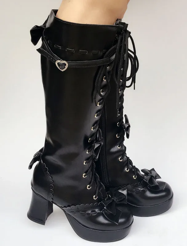 Black Lolita Boots Knee High Chunky Heel Lace Up Platform Buckle Lolita High Boots With Detachable Bow