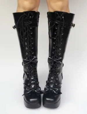 Black Lolita Boots Knee High Chunky Heel Lace Up Platform Buckle Lolita High Boots With Detachable Bow