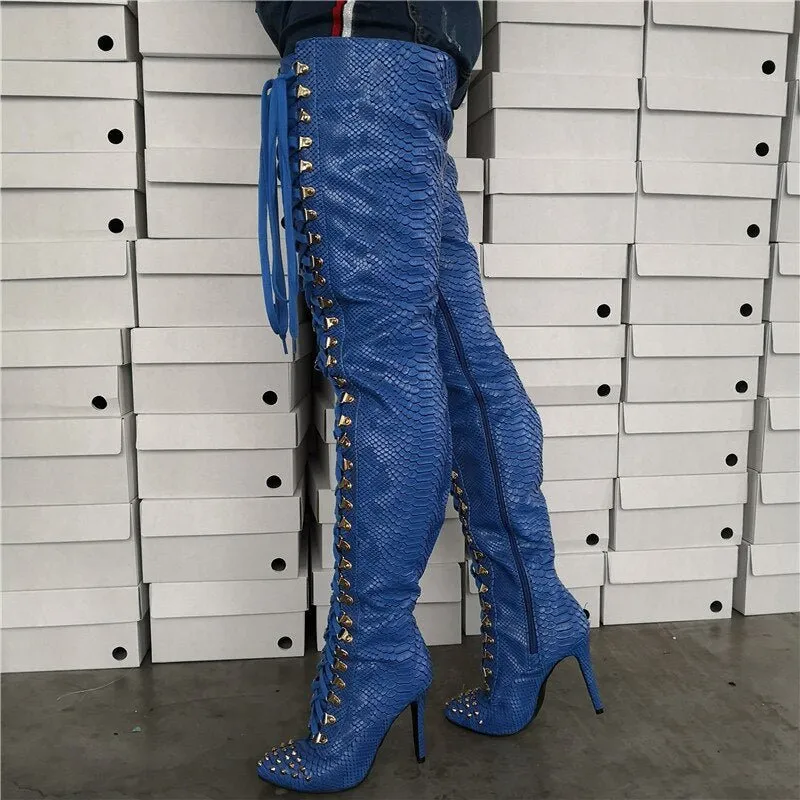Blue Snake Prints Lace-Up Rivets Design Women Winter Thigh High Boots