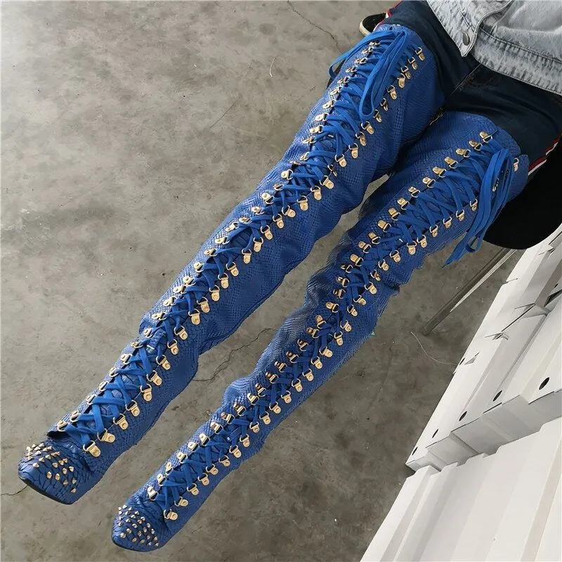 Blue Snake Prints Lace-Up Rivets Design Women Winter Thigh High Boots