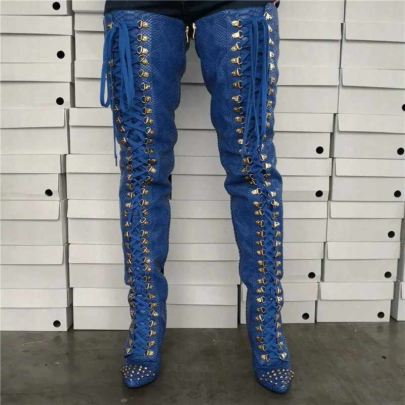 Blue Snake Prints Lace-Up Rivets Design Women Winter Thigh High Boots