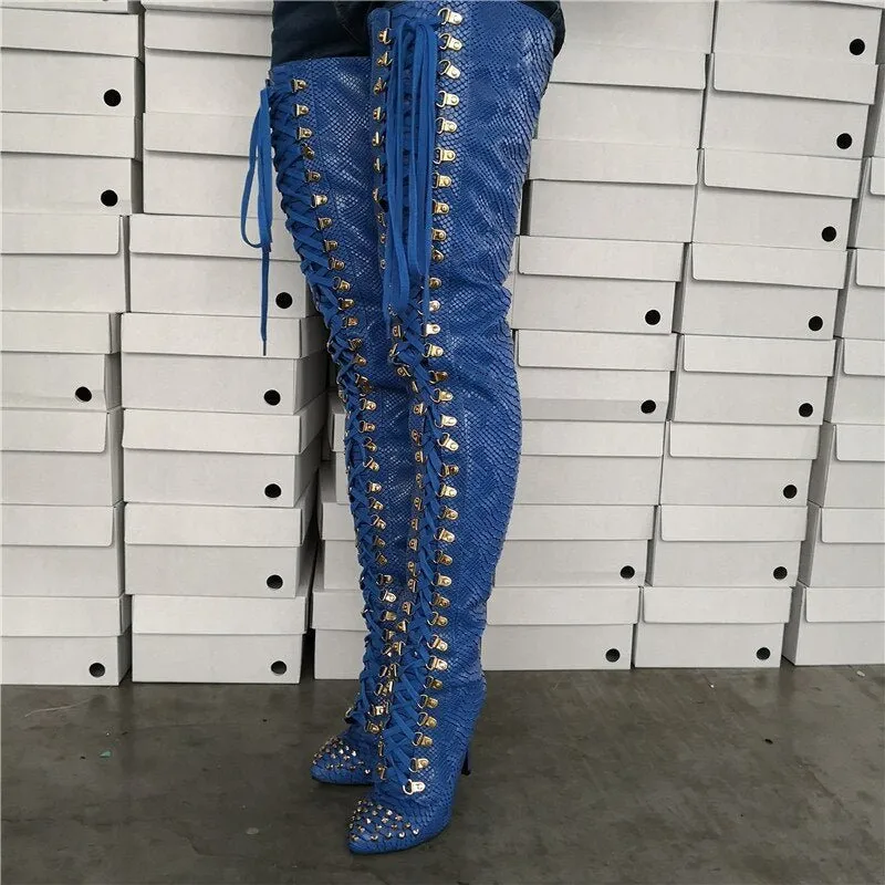 Blue Snake Prints Lace-Up Rivets Design Women Winter Thigh High Boots