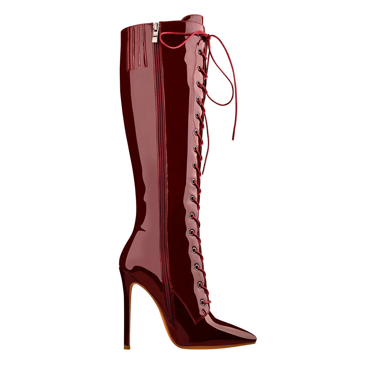 Burgundy Patent Leather Lace Up Knee High Boots