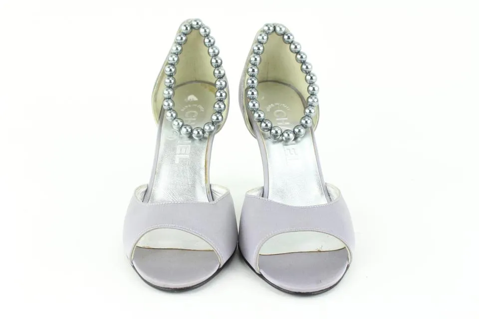 Chanel Size 36.5 Grey Satin Peep Toe Pearl Ankle Strap Pumps Size 13c48