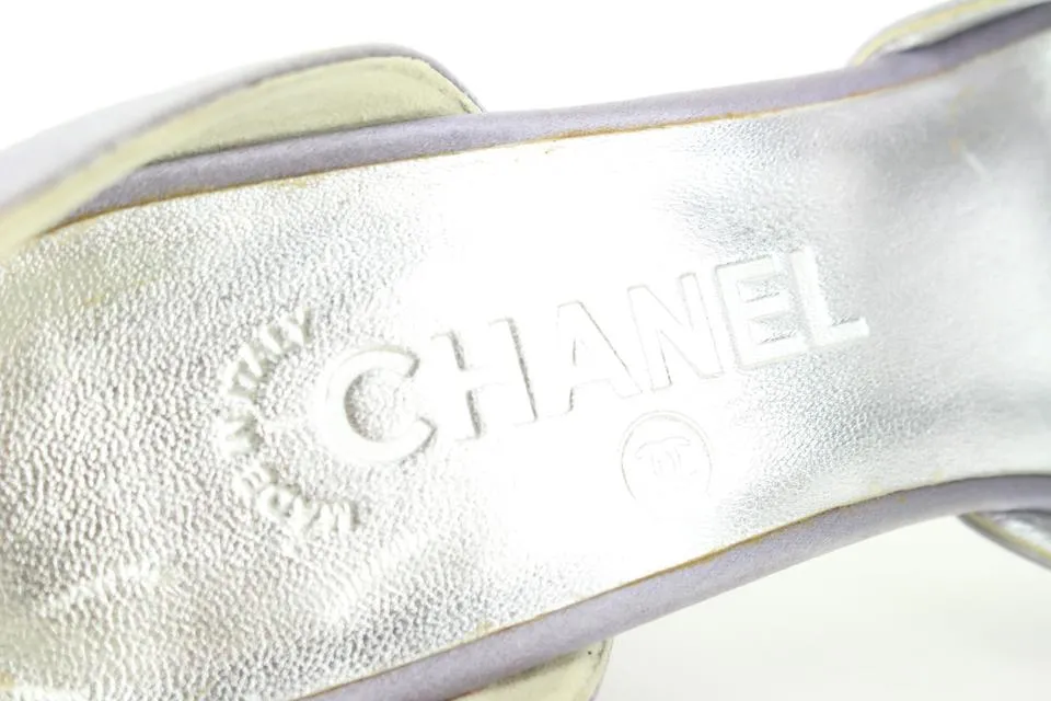 Chanel Size 36.5 Grey Satin Peep Toe Pearl Ankle Strap Pumps Size 13c48