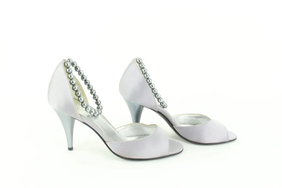 Chanel Size 36.5 Grey Satin Peep Toe Pearl Ankle Strap Pumps Size 13c48