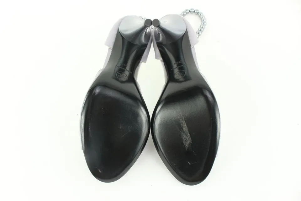 Chanel Size 36.5 Grey Satin Peep Toe Pearl Ankle Strap Pumps Size 13c48