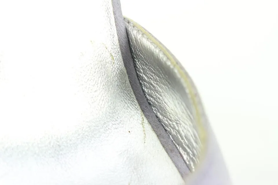 Chanel Size 36.5 Grey Satin Peep Toe Pearl Ankle Strap Pumps Size 13c48
