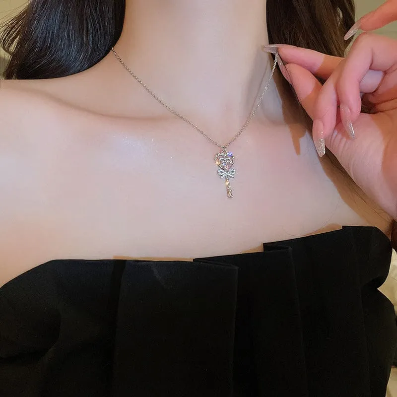 Chic CZ Inlaid Bowknot Heart Magic Wand Necklace