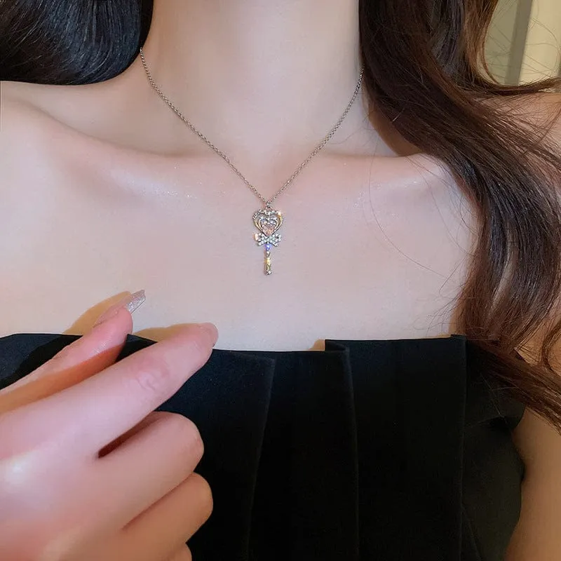 Chic CZ Inlaid Bowknot Heart Magic Wand Necklace