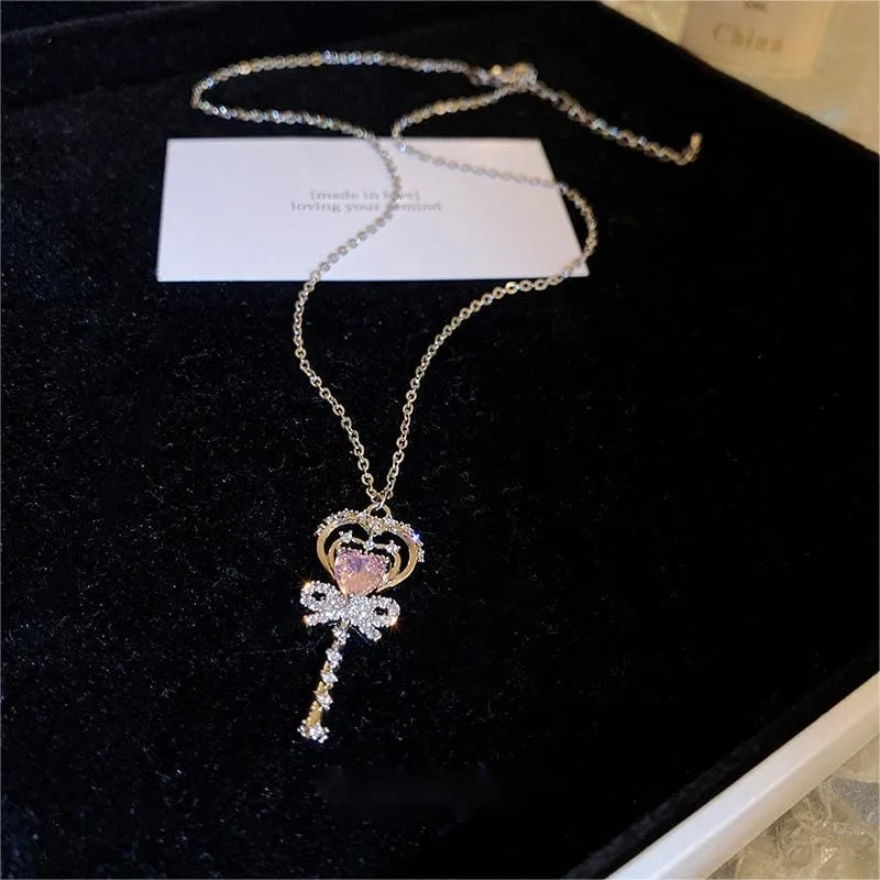 Chic CZ Inlaid Bowknot Heart Magic Wand Necklace