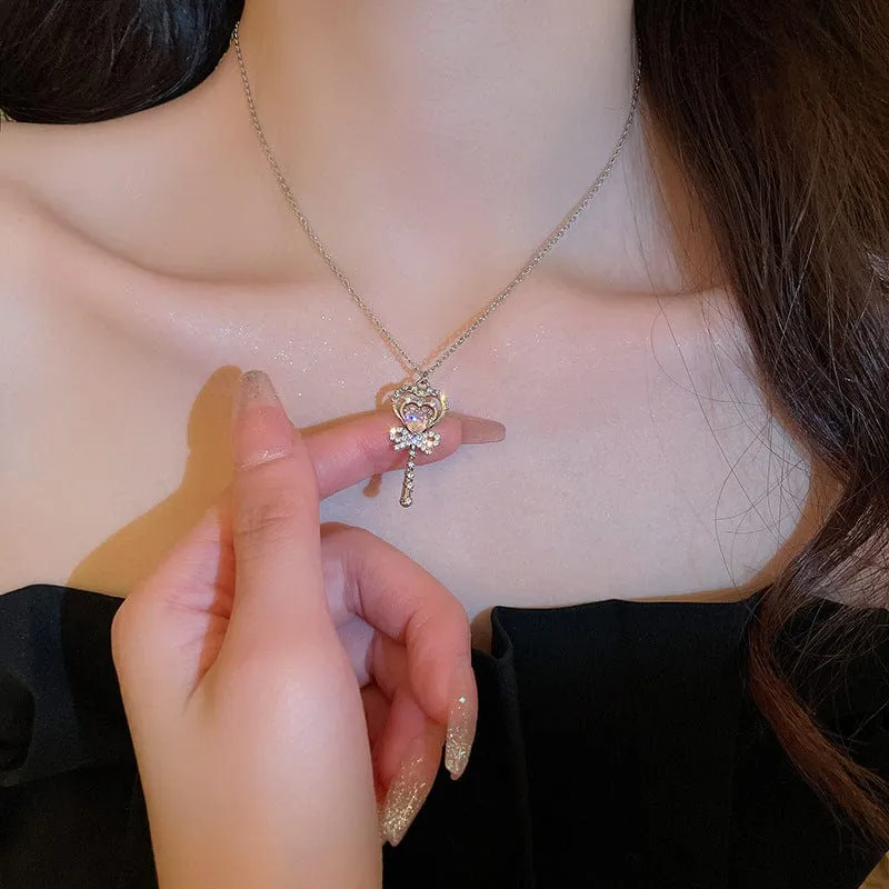 Chic CZ Inlaid Bowknot Heart Magic Wand Necklace