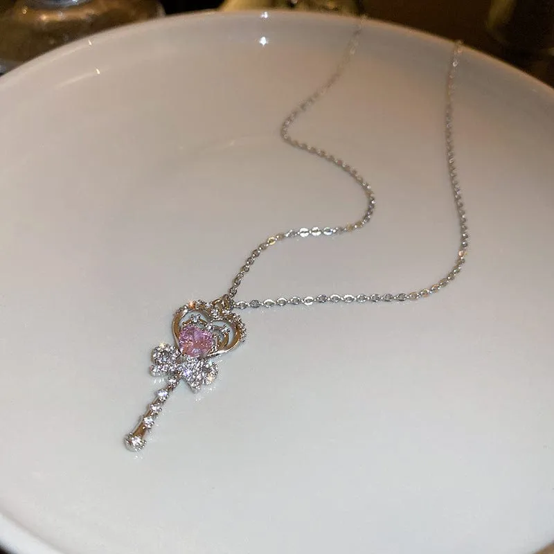 Chic CZ Inlaid Bowknot Heart Magic Wand Necklace