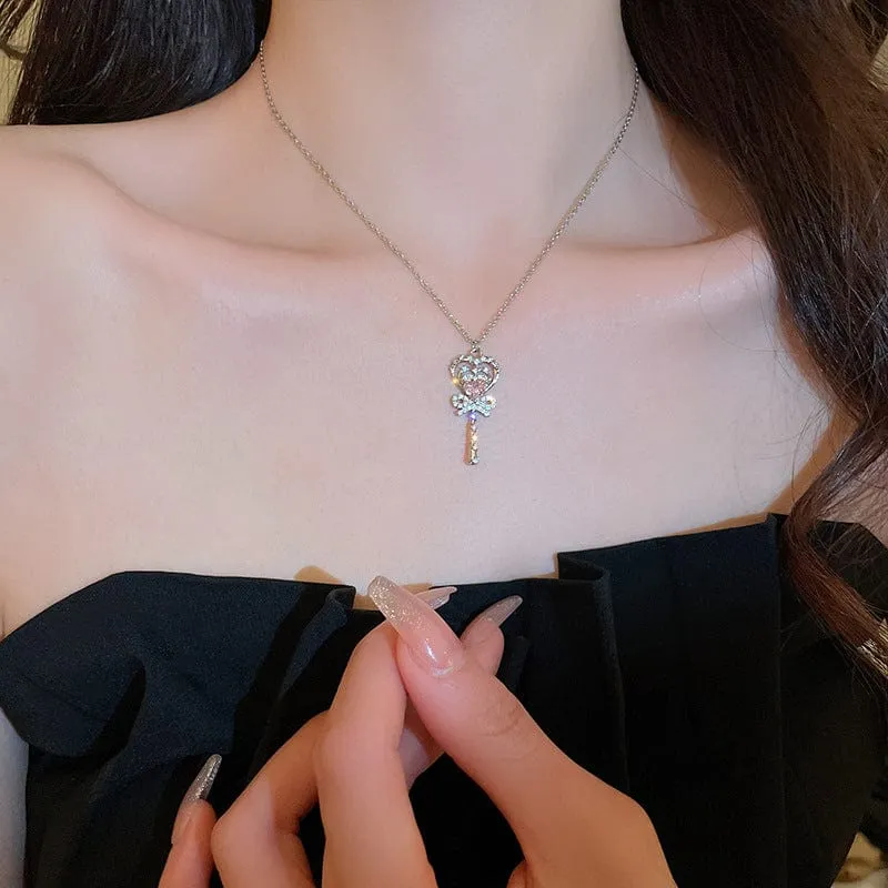 Chic CZ Inlaid Bowknot Heart Magic Wand Necklace