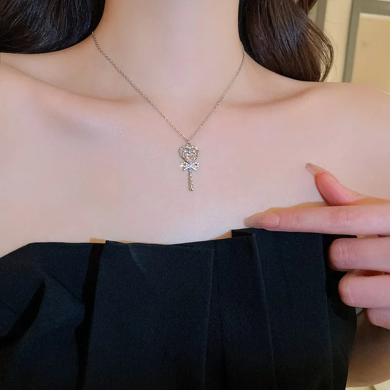 Chic CZ Inlaid Bowknot Heart Magic Wand Necklace
