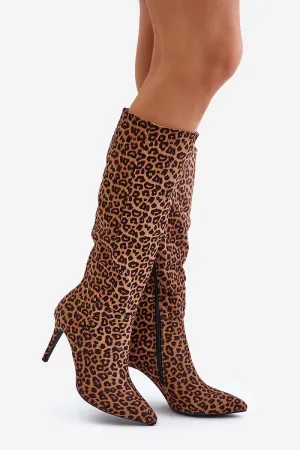 Chic Eco-Suede Knee-High Boots with Stiletto Heel & Leopard Print