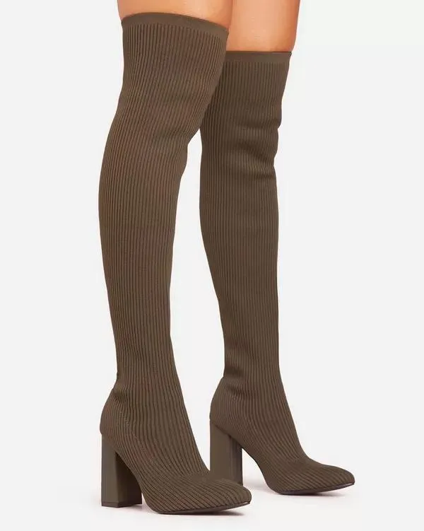 Chunky heel thigh high stocking boots