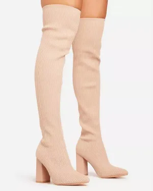 Chunky heel thigh high stocking boots
