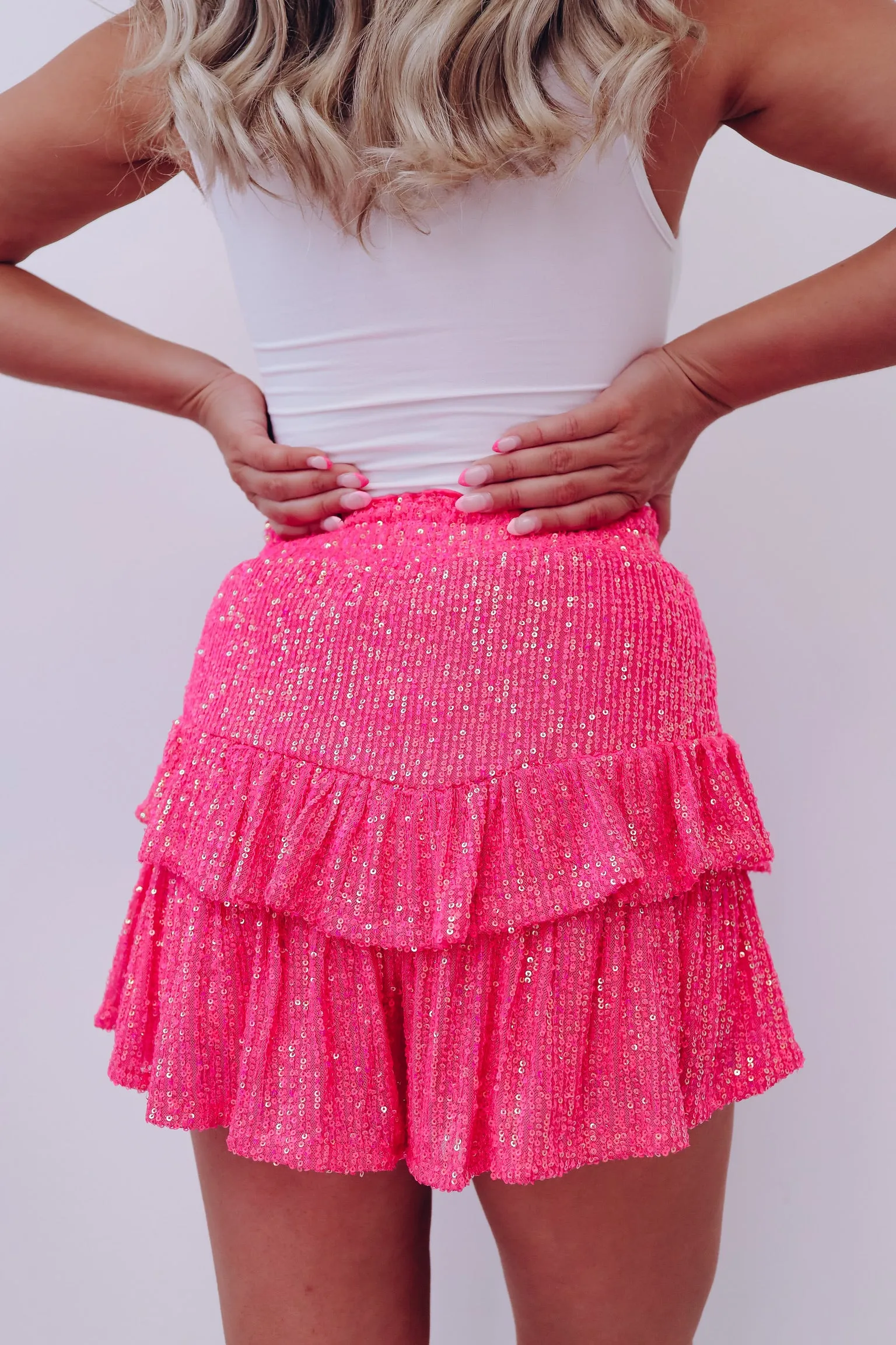 Girly Chic Ruffled Sequin Skorts - Pink