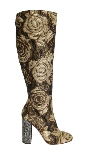 Gold Brown Jacquard Crystal Boots
