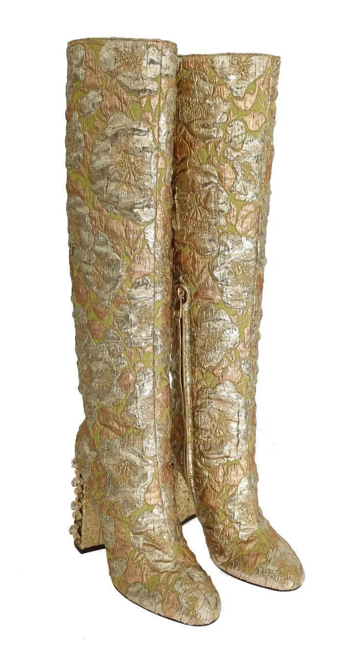 Gold Jacquard Crystal Floral Boots