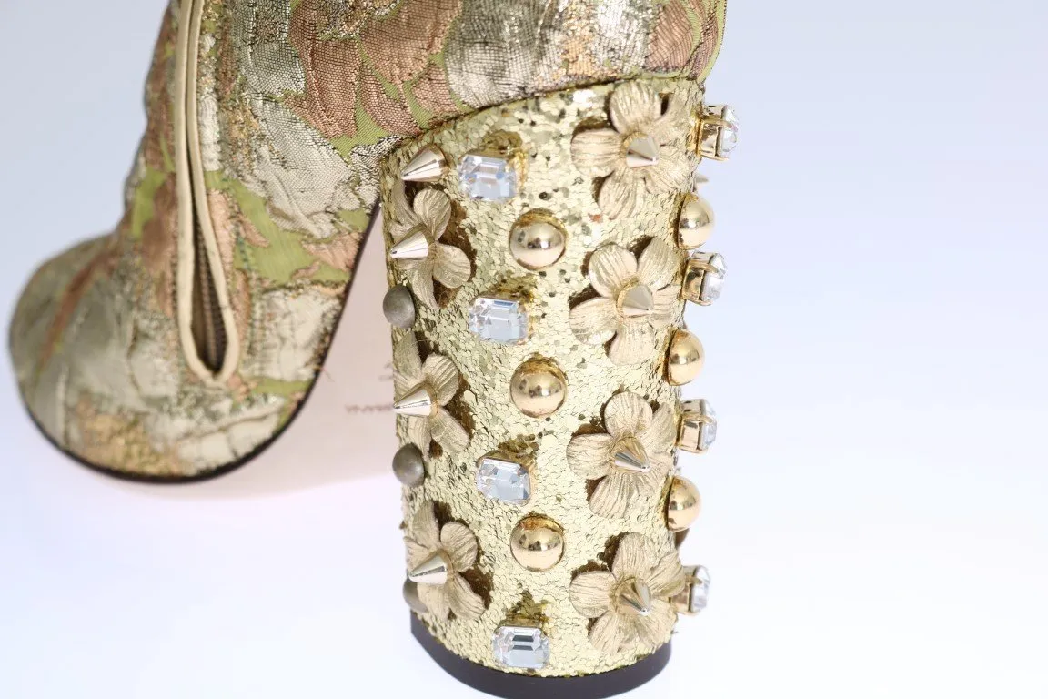 Gold Jacquard Crystal Floral Boots
