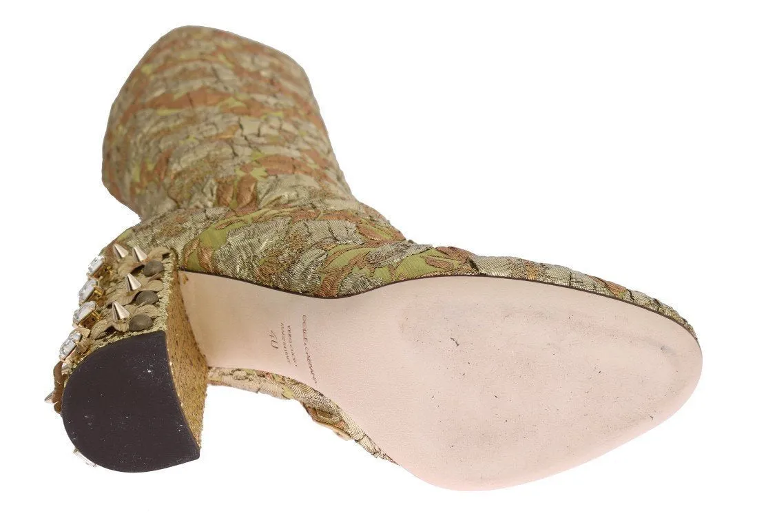 Gold Jacquard Crystal Floral Boots