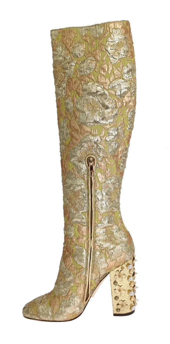 Gold Jacquard Crystal Floral Boots