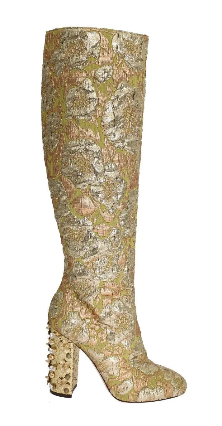 Gold Jacquard Crystal Floral Boots