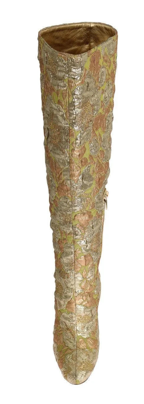 Gold Jacquard Crystal Floral Boots