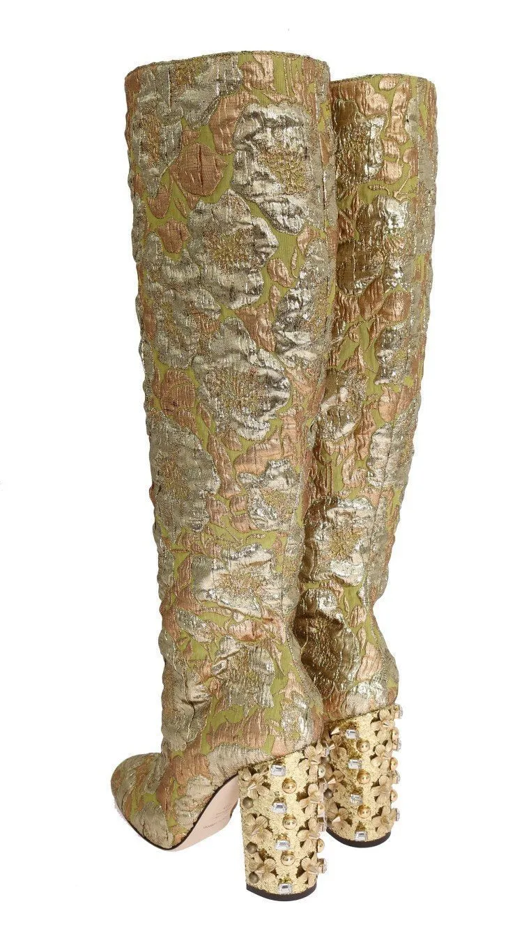 Gold Jacquard Crystal Floral Boots