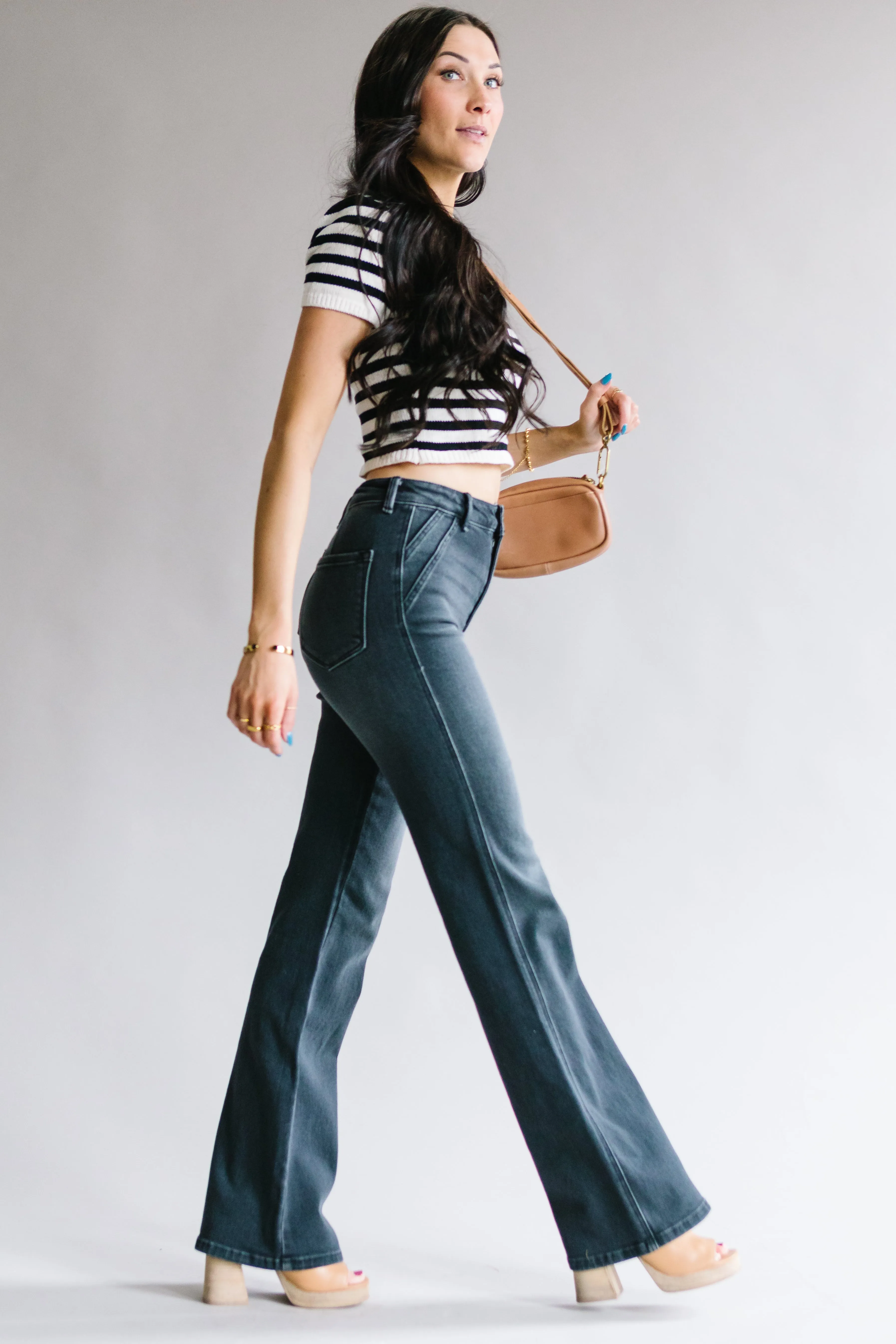 Holly Ultra High Rise Slim Flare by Kancan // Dark Grey Wash