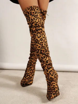 Leopard Print Knee-high Chunky Heel Boots - Multicolor- FD ⚡