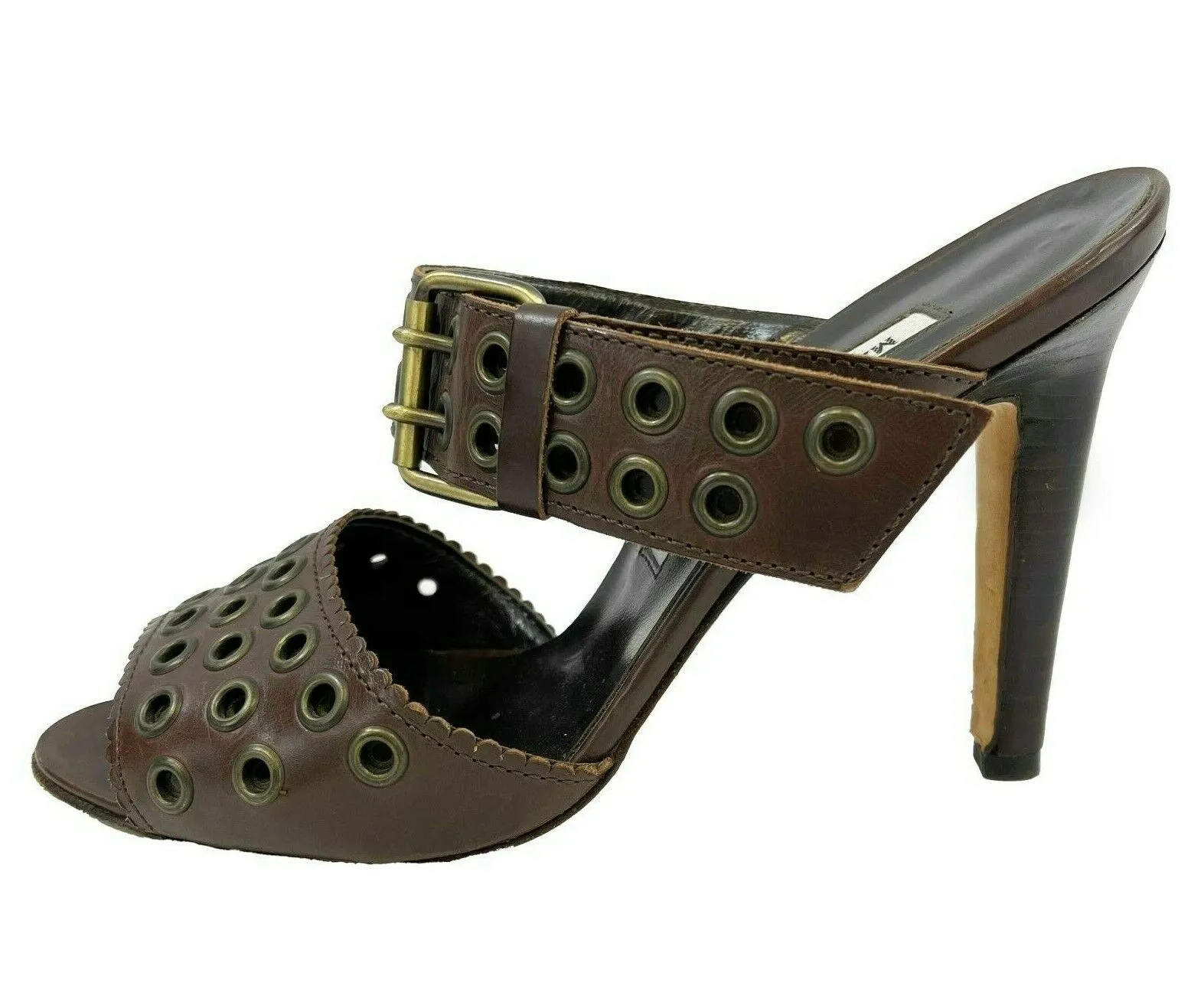 Manolo Blahnik - Leather Peep Toe Buckle Heeled Sandal - Brown - 36.5 US 6.5