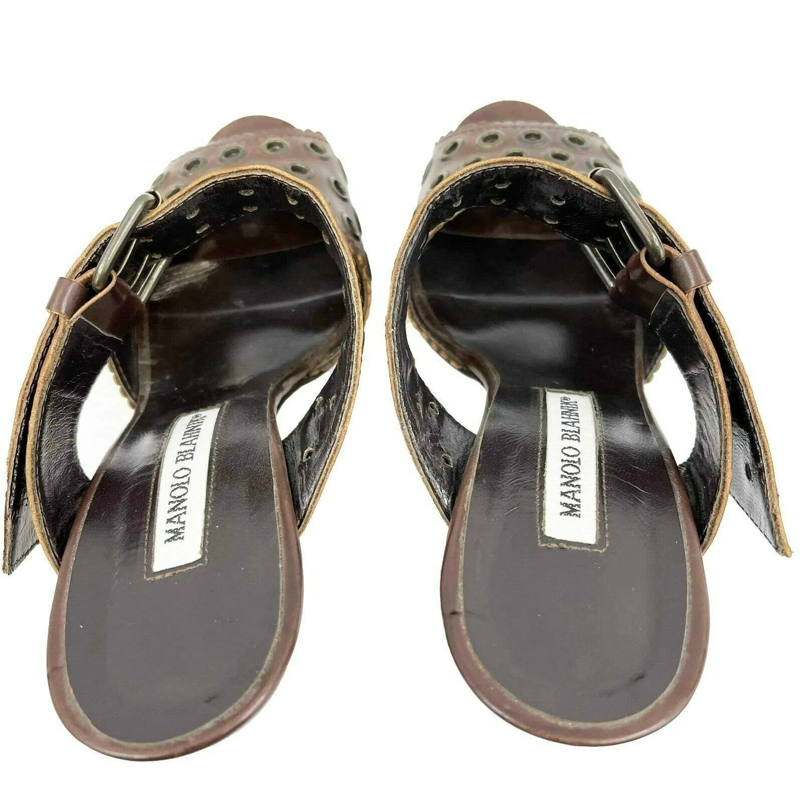 Manolo Blahnik - Leather Peep Toe Buckle Heeled Sandal - Brown - 36.5 US 6.5