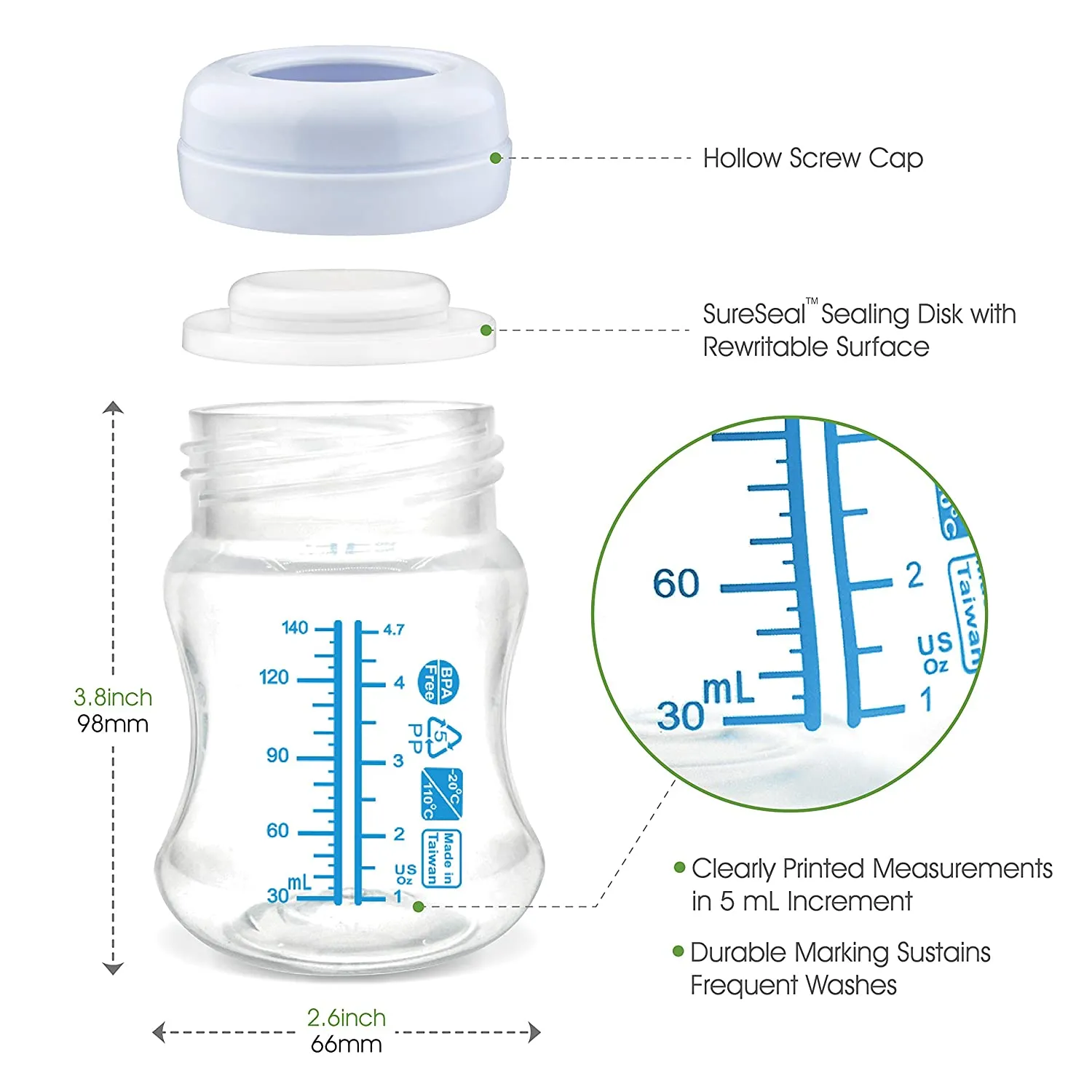 Maymom Wide-Mouth Milk Storage Collection Bottle with SureSeal Sealing Disk; Can Replace Spectra S1 S2 Bottles140mL