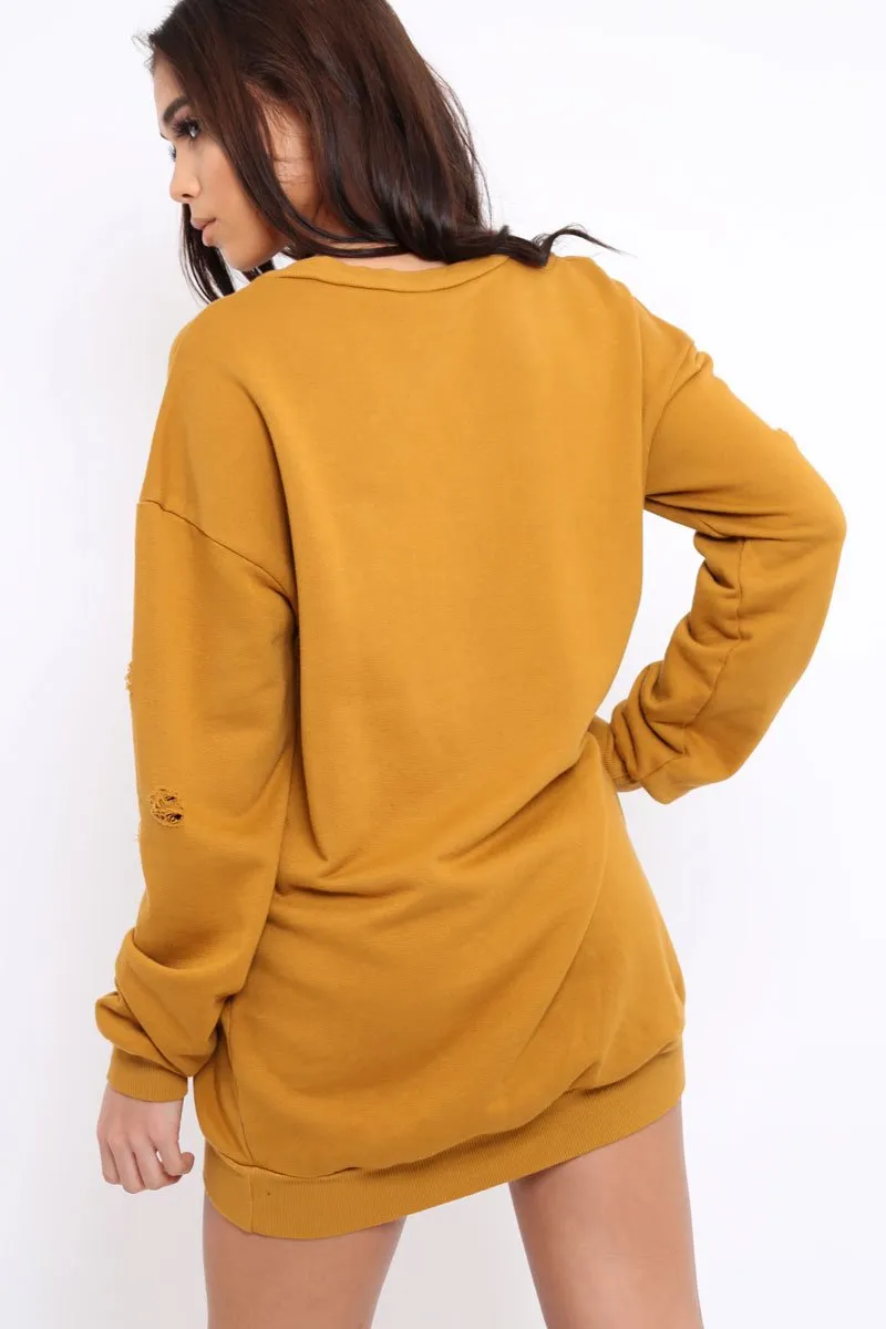 Mustard Distressed Detail Sweatshirt Jumper Dress - Ivy