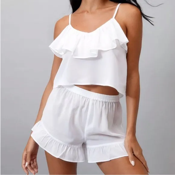 Nasty Gal White Georgette Ruffle Camisole Set