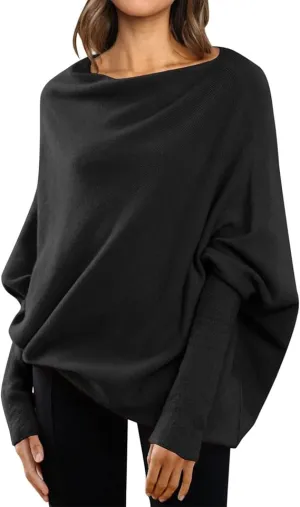 NEW Asymmetric Draped Jumper Baggy Sweater, Fall Sweaters Oversized Off The Shoulder Sweater for Women One Shoulder Tops Elegant Pullover Sweatshirts, Black, One Size
