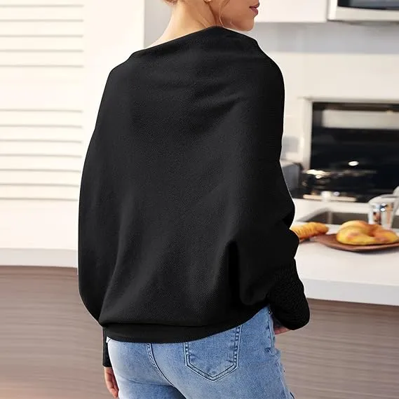 NEW Asymmetric Draped Jumper Baggy Sweater, Fall Sweaters Oversized Off The Shoulder Sweater for Women One Shoulder Tops Elegant Pullover Sweatshirts, Black, One Size