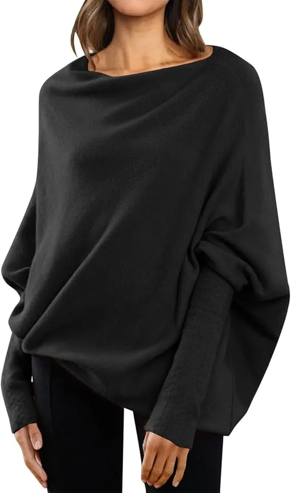 NEW Asymmetric Draped Jumper Baggy Sweater, Fall Sweaters Oversized Off The Shoulder Sweater for Women One Shoulder Tops Elegant Pullover Sweatshirts, Black, One Size