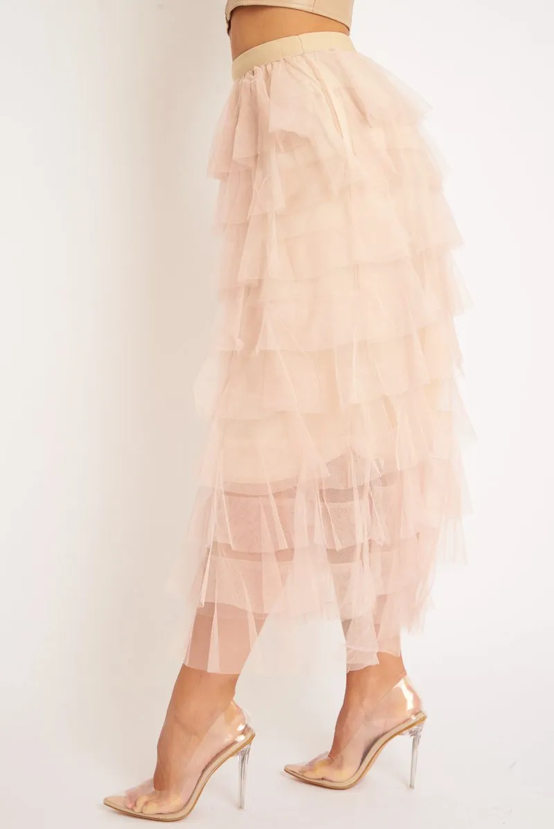 Nude High Waisted Tulle Ruffle Midi Skirt - Aaliyana