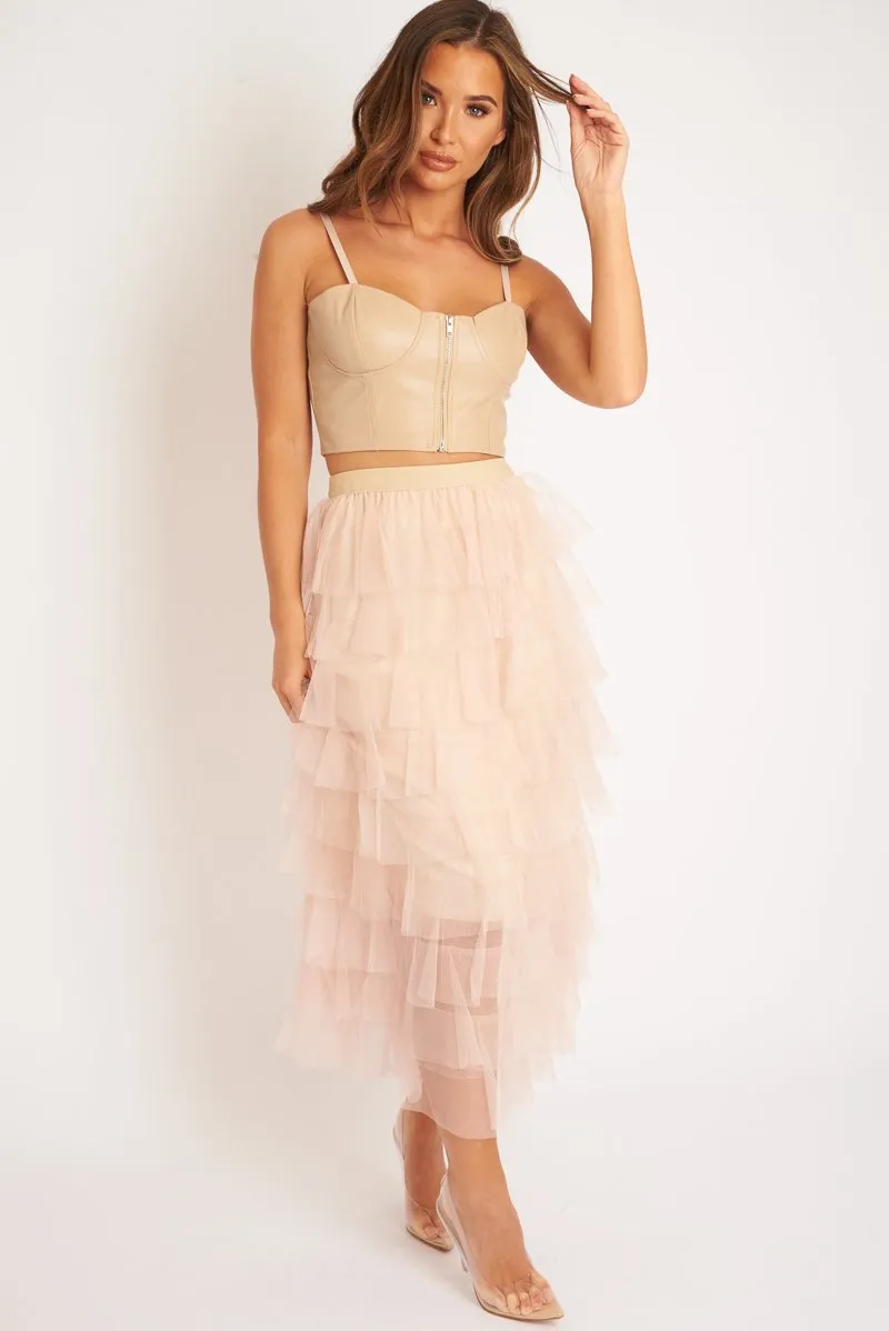Nude High Waisted Tulle Ruffle Midi Skirt - Aaliyana