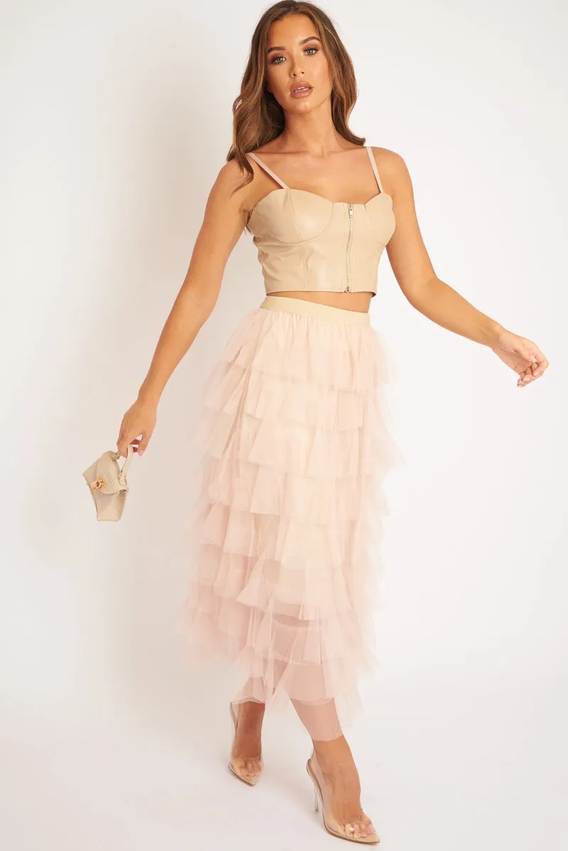 Nude High Waisted Tulle Ruffle Midi Skirt - Aaliyana